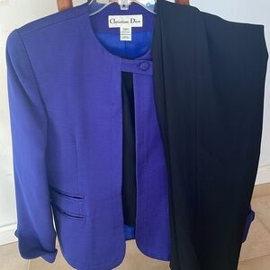 Vintage Christian Dior Suit Pantsuit Women 12 Purple Jacket Blazer Black Pants